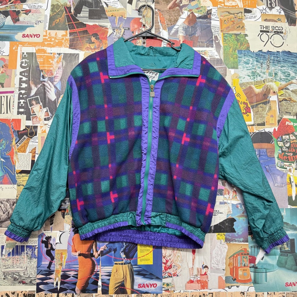Active Stuff Fleece Lined Track Jacket Plaid Teal Nylon Windbreaker‎ Size L